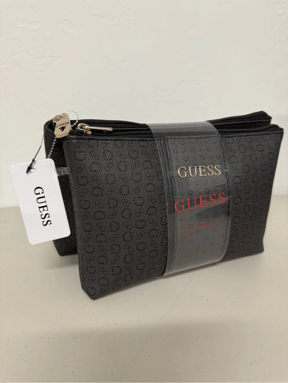 Guess Embossed Cosmetic Pouch Bag 2 pcs Set Full Zipper Black With Print logo